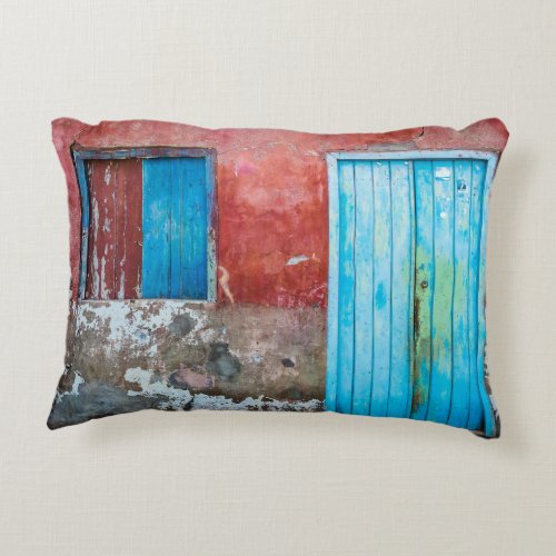 Red blue and grey wall door and window accent pillow