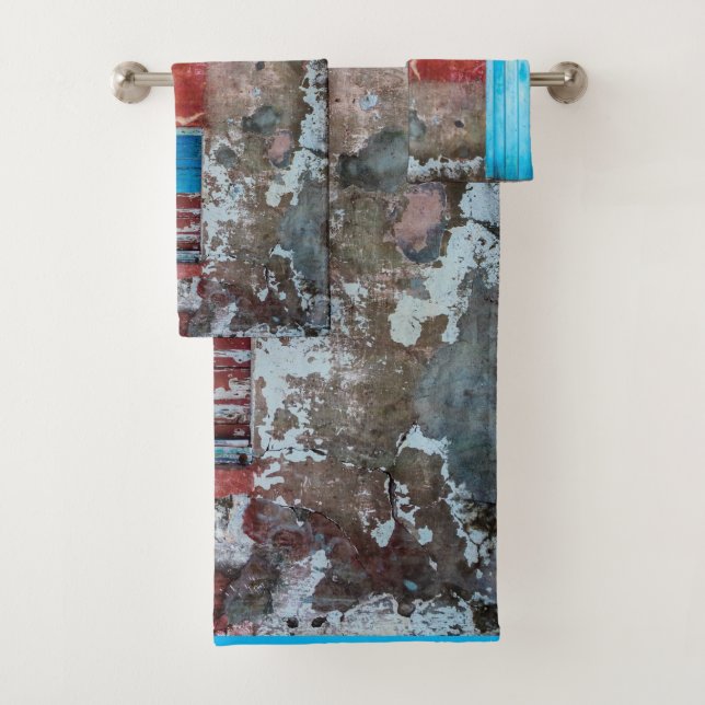 Red, blue and grey wall, door and window bath towel set (Insitu)