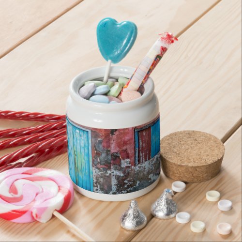 Red blue and grey wall door and window candy jar