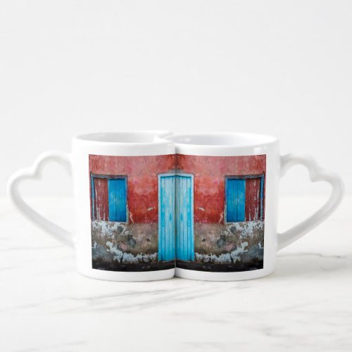Red blue and grey wall door and window coffee mug set