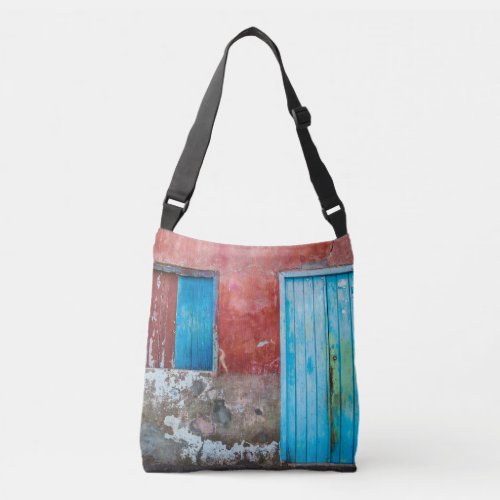Red blue and grey wall door and window crossbody bag
