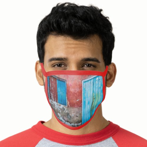 Red blue and grey wall door and window face mask