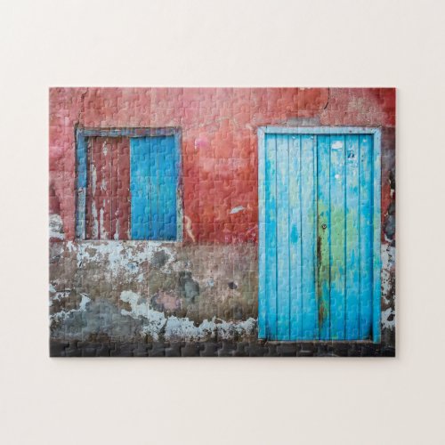 Red blue and grey wall door and window jigsaw puzzle
