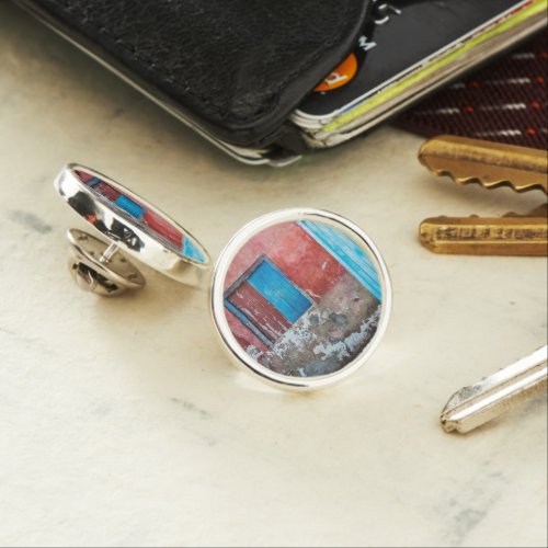 Red blue and grey wall door and window lapel pin