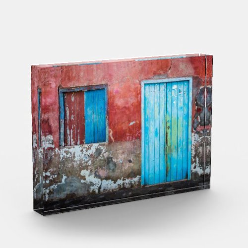 Red blue and grey wall door and window photo block