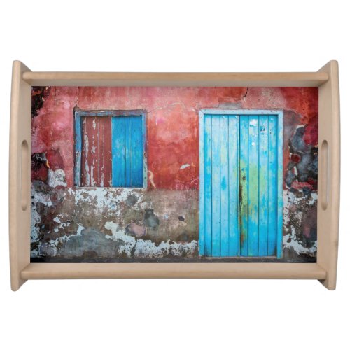Red blue and grey wall door and window serving tray