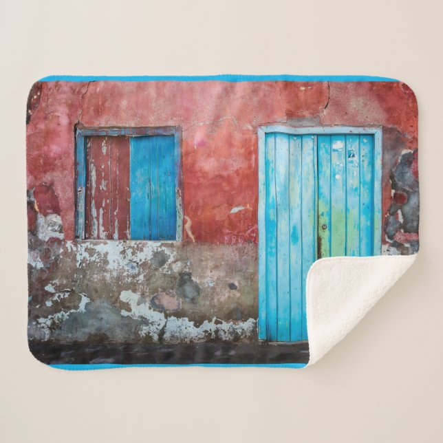 Red, blue and grey wall, door and window sherpa blanket (Front (Horizontal))