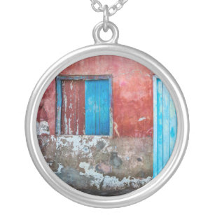 Red, blue and grey wall, door and window silver plated necklace