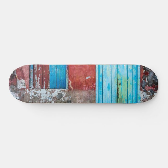 Red, blue and grey wall, door and window skateboard (Horz)