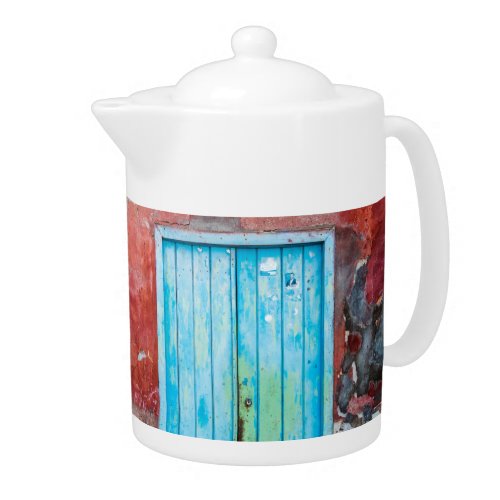 Red blue and grey wall door and window teapot