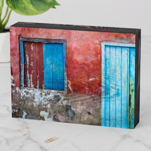 Red blue and grey wall door and window wooden box sign