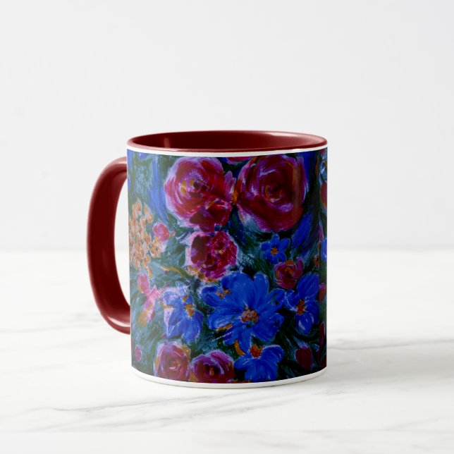 Red, blue and maroon coffee or tea mug (Front Left)