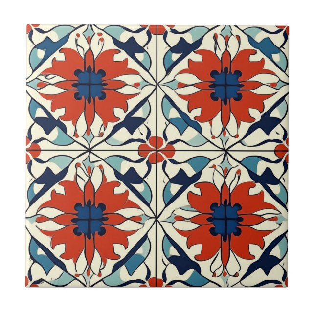 Red Blue and Off White Pattern Ceramic Tile (Front)