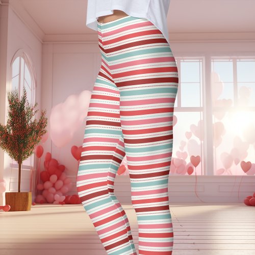 Red Blue And Pink Valentine Stripes Pattern Leggings