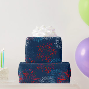Red Blue and White Fireworks Wrapping Paper