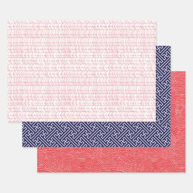 Red, Blue and White Hand Modern Simple Wrapping Paper Sheets (Set)