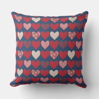 Red, Blue and White Hearts on Midnight Blue Throw Pillow