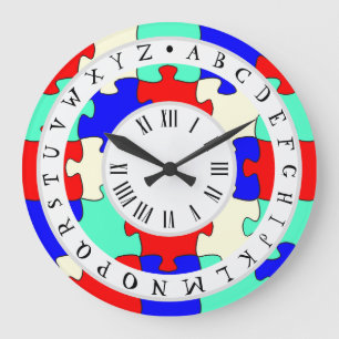 Red, Blue and White Jigsaw and English Alphabet Large Clock