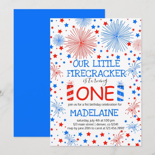 Red Blue and White Sparkles and Stars Birthday  Invitation (Front/Back)