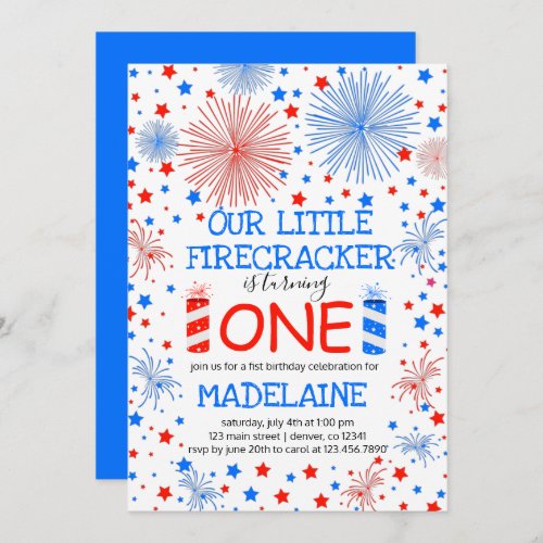 Red Blue and White Sparkles and Stars Birthday  Invitation