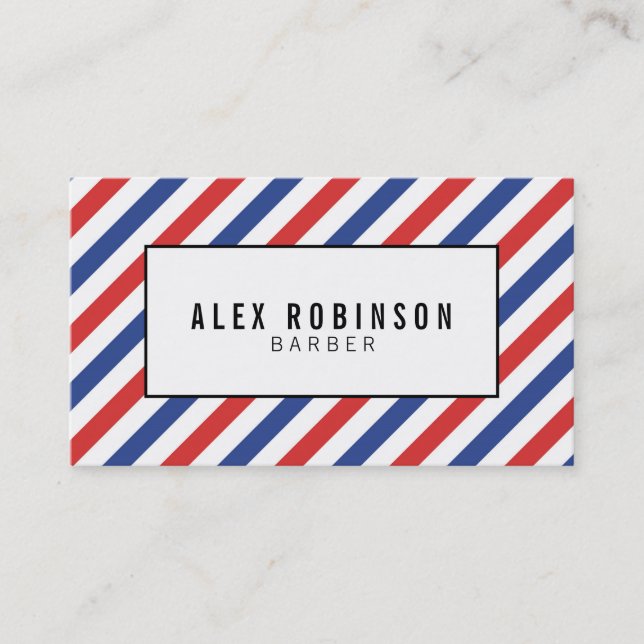 Red, blue and white stripes barber business card (Front)