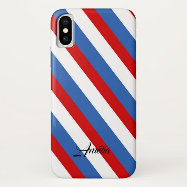 Red Blue and White Stripes Monogram Case-Mate iPhone Case (Back)