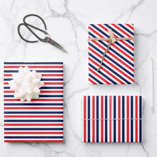 Red, blue and white stripes pattern wrapping paper sheets (Front)