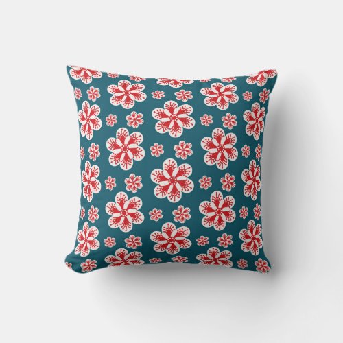Red Blue and White Whimsical Flower Motifs Throw Pillow