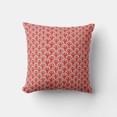 Red Blue and White Whimsical Rainbow Motifs Throw Pillow