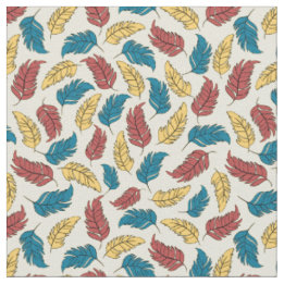 Red, Blue and Yellow Cartoon Feathers on Cream Fabric