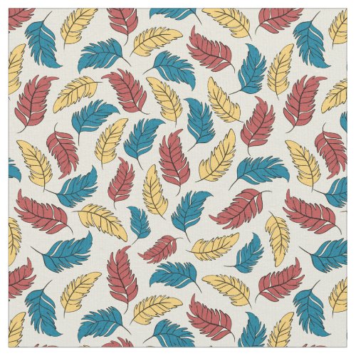 Red Blue and Yellow Cartoon Feathers on Cream Fabric