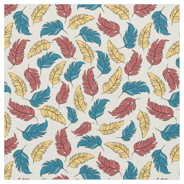 Red, Blue and Yellow Cartoon Feathers on Cream Fabric (Close Up)