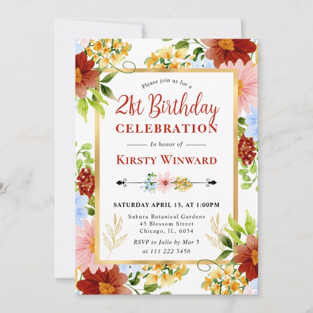 Red, Blue and Yellow Flowers 21st Birthday Invitation (Front)