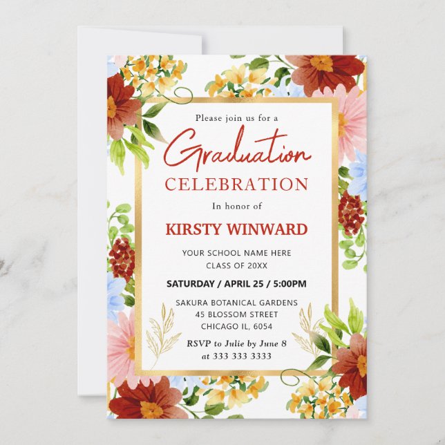 Red, Blue and Yellow Flowers Graduation Invitation (Front)