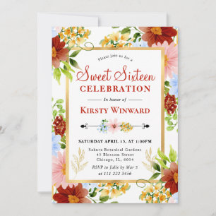 Red, Blue and Yellow Flowers Sweet Sixteen Invitation