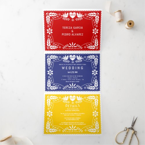 Red blue and yellow papel picado lovebirds wedding Tri_Fold invitation