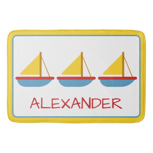 Red Blue and Yellow Toy Sailboats Personalized Bath Mat