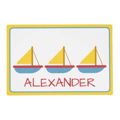 Red Blue and Yellow Toy Sailboats Personalized Placemat