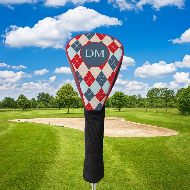 Red Blue Argyle Pattern Monogram Golf Head Cover (Creator Uploaded)