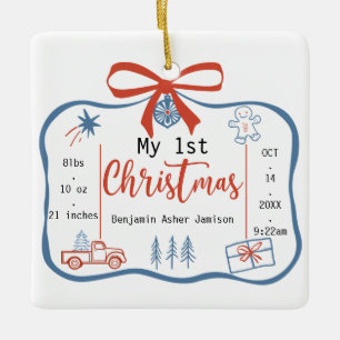 Red & Blue Baby Boy’s 1st Christmas Birth Stats Ceramic Ornament