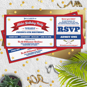 Red & Blue Baseball Allstar Ticket Birthday Invitation