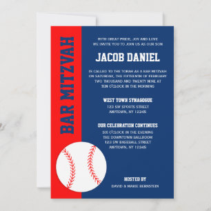 Red Blue Baseball Bar Mitzvah Invitation