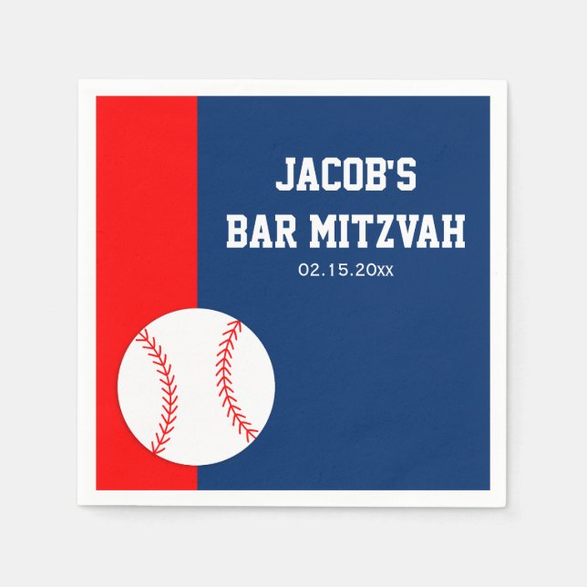 Red Blue Baseball Bar Mitzvah Personalized Napkins (Front)
