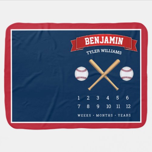 Red Blue Baseball Bats Balls Monthly Milestone Baby Blanket
