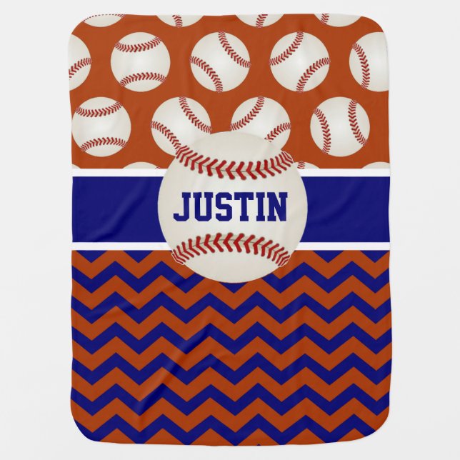 Red Blue Baseball Chevron Personalized Baby Blanket (Front)