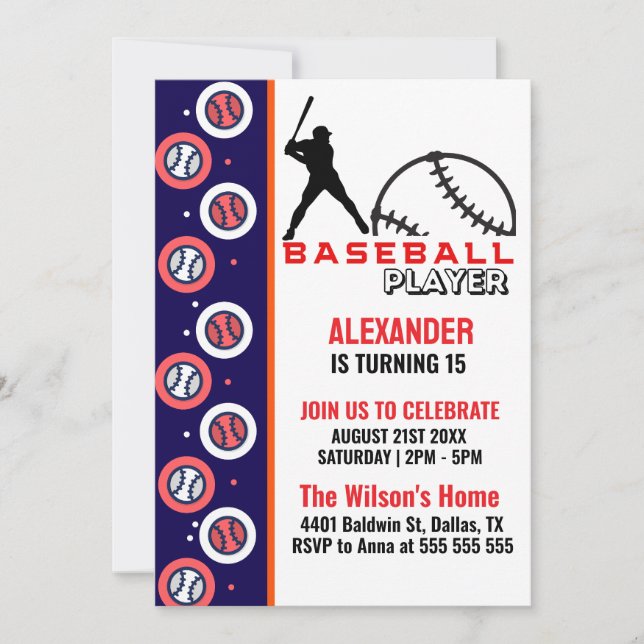 Red Blue Baseball Girl Boy Birthday Party Invitation (Front)