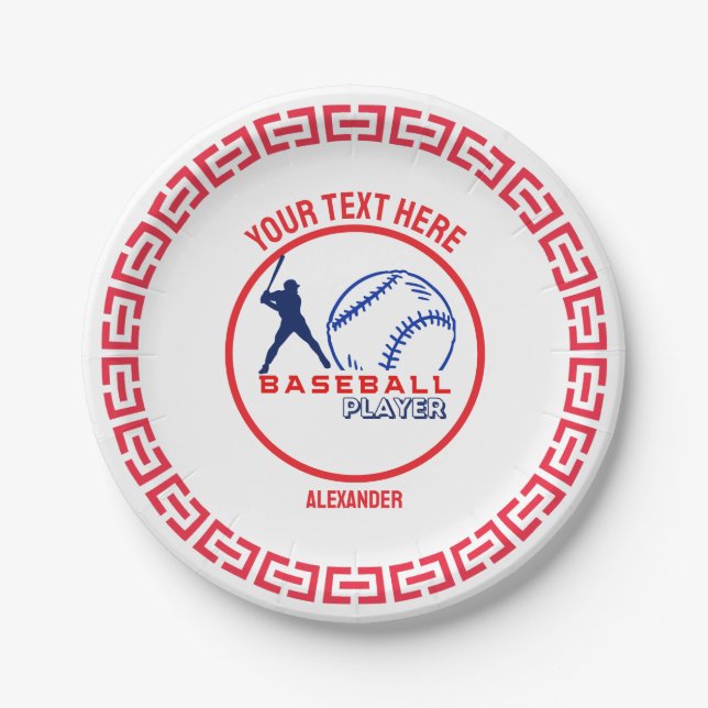 Red Blue Baseball Girl Boy Birthday Party Paper Plates (Front)
