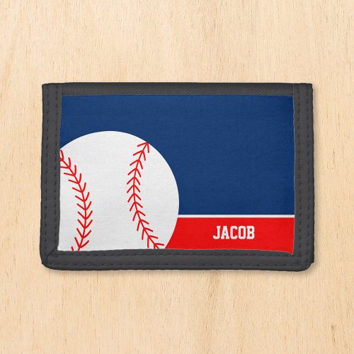 Red Blue Baseball Personalized Kids Name Trifold Wallet