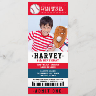 Red Blue Baseball Ticket Birthday Party Photo Invitation
