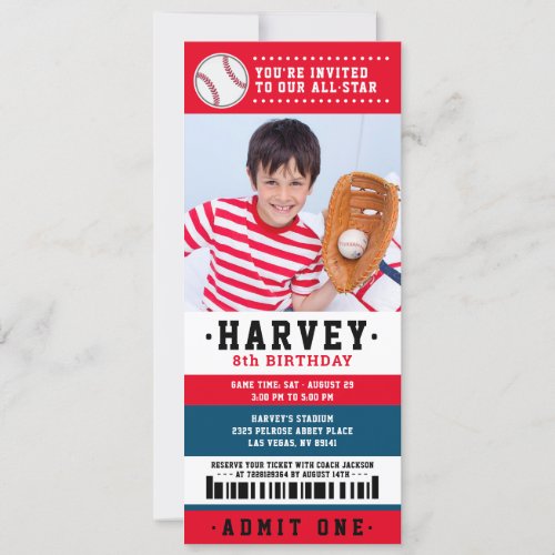 Red Blue Baseball Ticket Birthday Party Photo Invitation